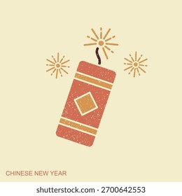 Retro style Chinese firecracker icon in warm red and gold colors. Vintage textured illustration for Lunar New Year celebration design greeting cards posters and festive decoration themes.