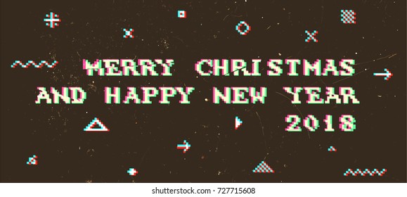 Retro style Christmas 2018 greeting card | Vintage pixel art | Vector illustration