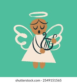 Retro style Christmas angel playing harp vector illustration