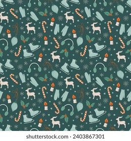 Retro style Christmas background with cozy objects. Seamless pattern with cute Winter elements on dark green backdrop. Hand drawn vector illustration.
