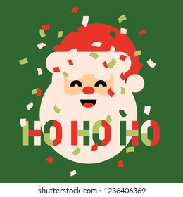 Retro style Christmas card with cute Santa Claus saying ho ho ho and colorful confetti in the air