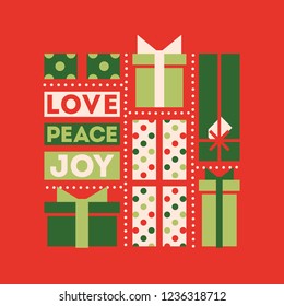 Retro style Christmas card with holiday gift boxes and wishes of love, peace and joy