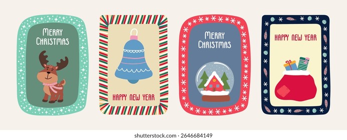 Retro style Christmas cards with deer, bell, snow globe and gift bag. Holiday greeting card concept. Vector.