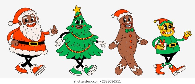 Retro style Christmas cartoon characters. Groovy vintage 70s funny black Santa Claus, Elf, ginger bread man and christmas tree with happy faces and gifts