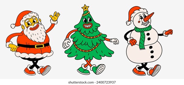 Personajes de dibujos animados de Navidad de estilo retro. Groovy vintage de los 70 divertidos Santa Claus, muñeco de nieve y árbol de Navidad con caras felices