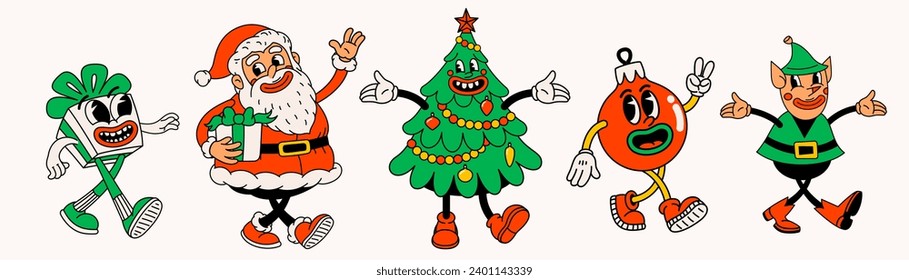 Retro style Christmas cartoon characters. Groovy vintage 30s funny Santa Claus, Elf, gift, ball and Christmas tree