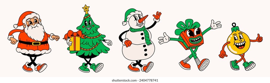 Retro style Christmas cartoon characters. Groovy vintage 70s funny Santa Claus, ball, snowman, gift and Christmas tree with happy faces