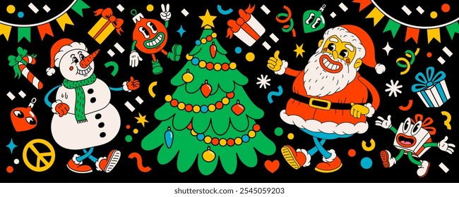 Estilo retro Navidades personajes de dibujos animados. Groovy vintage años 70 divertido Santa Claus, bola, muñeco de nieve, regalo y árbol de Navidad