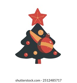 Retro style Christmas decoration elements, star Christmas tree, vector file design essential, Christmas material, holiday essential elements, green red pine tree, holiday