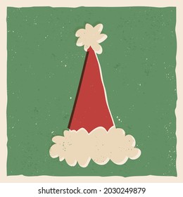 Retro style Christmas greeting card design. Hand-drawn Santa's hat on textured green background. Vector vintage style illustration.