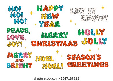 Retro style Christmas greeting text Groovy vintage christmas quotes. Ideal for Christmas and New Year sticker designs and decorations, vector illustration.