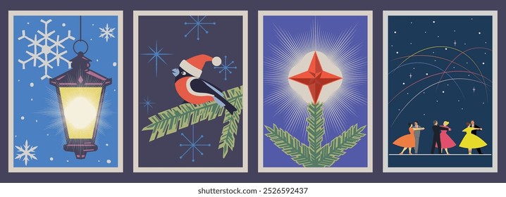 Retro Style Christmas Illustrations, New Year Greeting Cards, XMAS Postcards, Posters. Mid Century Modern Colors and Style. Snowflakes, Bullfinch, Lantern, Ball, Spruce Branch