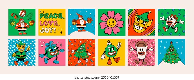 Retro style Christmas mini cards or stickers with groovy Christmas characters and objects. Ideal for Christmas and New Year sticker designs and decorations, vector illustration