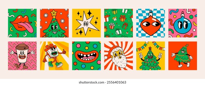 Retro style Christmas mini cards or stickers with groovy Christmas characters and objects. Ideal for Christmas and New Year sticker designs and decorations, vector illustration