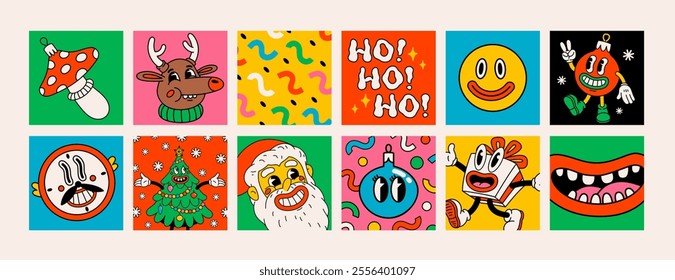 Retro style Christmas mini cards or stickers with groovy Christmas characters and objects. Ideal for Christmas and New Year sticker designs and decorations, vector illustration