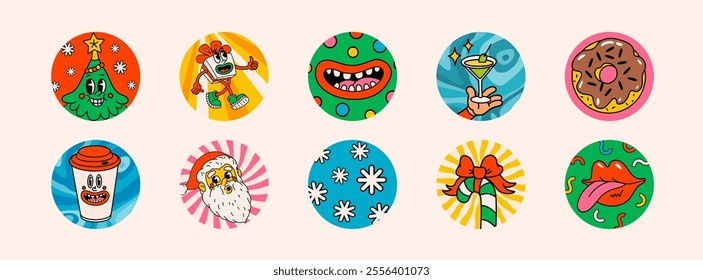 Retro style Christmas round stickers with groovy new year characters and objects. Ideal for Christmas and New Year sticker designs and decorations, vector illustration.