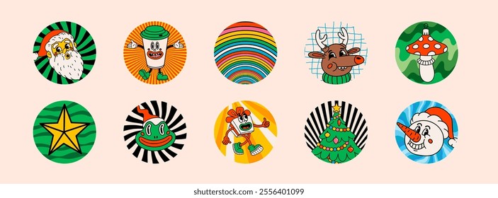 Retro style Christmas round stickers with groovy new year characters and objects. Ideal for Christmas and New Year sticker designs and decorations, vector illustration.