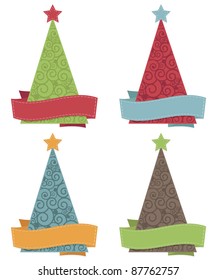 retro style christmas trees with ribbons for your text