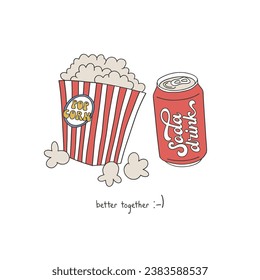 Retro style cinema snack popcorn in striped red white bucket and soda drink in a cane vector illustration isolated on white. Better together phrase. Groovy food print.