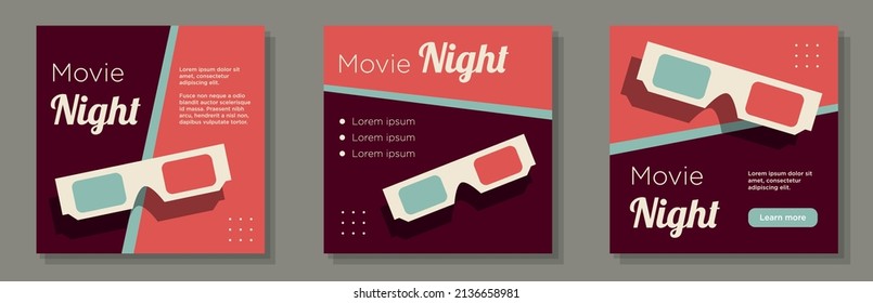 Retro Style Cinema Theater Social Media Post, Banner Set, Vintage 3D Glasses Business Advertisement Concept, Movie Party Night Marketing Square Ad, Abstract Print, Isolated On Background.