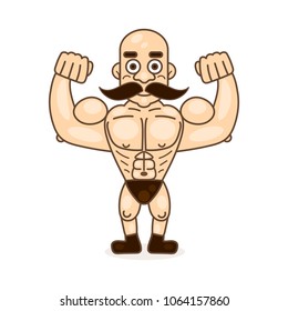 Retro style circus strong man with mustache character with heavy. Funny muscular bodybuilder cartoon flat vector illustration