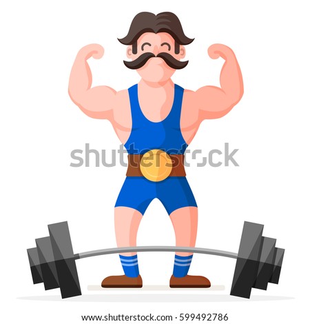 Retro style circus strong man with mustache character with heavy metal barbell. Funny muscular bodybuilder colorful cartoon flat vector illustration