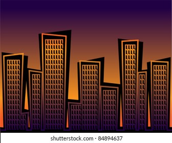 Retro Style City Illustration at Sunset - Vector Illustration. (high resolution JPEG also available).