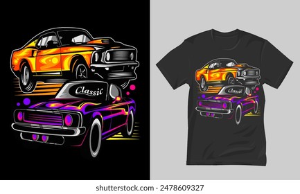 Retro Style Classic Car T-Shirt Design This T-shirt features a vibrant retro-style graphic design showcasing two iconic classic cars