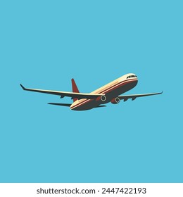 Retro style clipart of airplane flying, taking off, landing. Isolated vector illustration of aircraft in the sky for cargo or passenger transportation