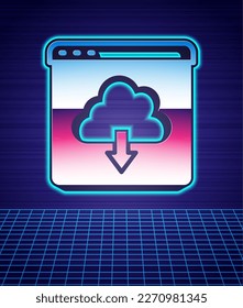 Retro style Cloud download icon isolated futuristic landscape background. 80s fashion party. Vector