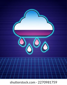 Retro style Cloud with rain icon isolated futuristic landscape background. Rain cloud precipitation with rain drops. 80s fashion party. Vector