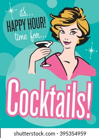 Retro style cocktail vector illustration with pretty woman holding glass.