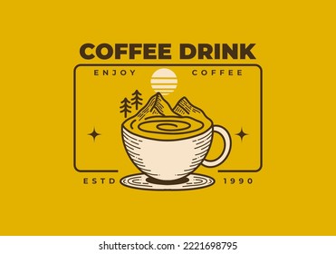 Retro style coffee cup and mountain illustration design