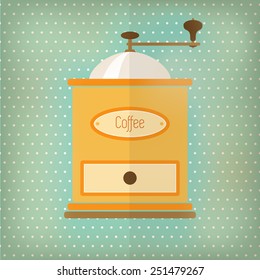 Retro style coffee grinder, with drawer and label, over faded turquoise polka dot background. EPS10 vector format