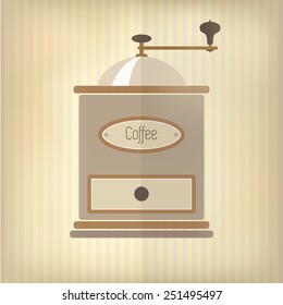 Retro style coffee grinder, with drawer and label, over faded pink and yellow candy stripe background. EPS10 vector format