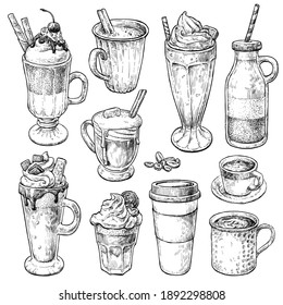 Retro style coffee set. Different types of pastry and coffee, latte, cappuccino, coffe to go cup. Hand drawn vintage vector sketch illustrations. Elements in engraving style.