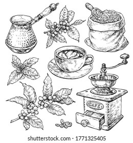 Retro style coffee set. Hand drawn vintage vector elements in engraving style.    