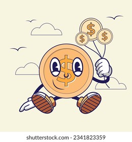 Retro style coin character illustration, vintage happy dollar coin vector illustration