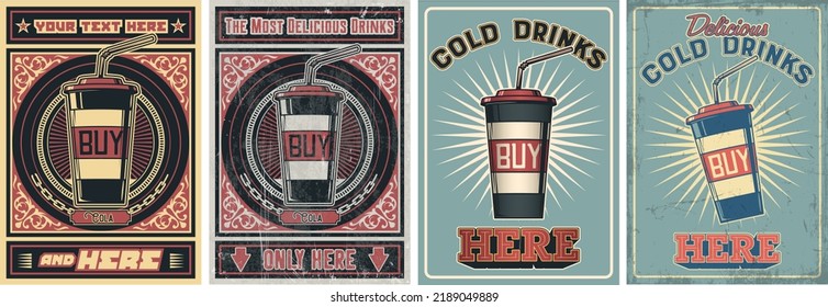 Retro Style Cold Drinks Advertising Posters Set