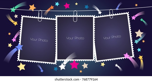 Retro style collage of photo frames with pile vector illustration. Design element of abstract background and templates for photo hanging with pins 