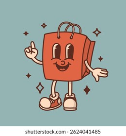 Retro estilo colorido mascote saco de compras, pacote para promoção de venda e marketing