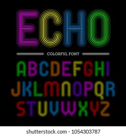 Retro style colorful Echo font, alphabet. Vector.