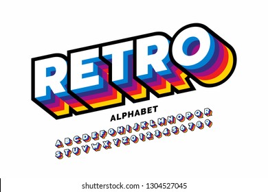 Retro style colorful font design, alphabet letters and numbers vector illustration