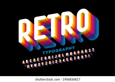 Retro style colorful font design, alphabet letters and numbers vector illustration