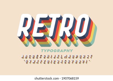 Retro style colorful font design, alphabet letters and numbers vector illustration