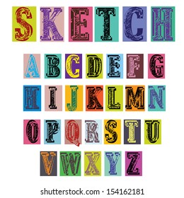 Retro style colorful sketch alphabet illustration