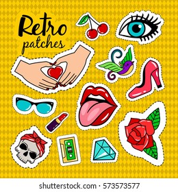 Retro style colorful stickers on yellow with rhombs background. Rose and skull and bird vector patches collection