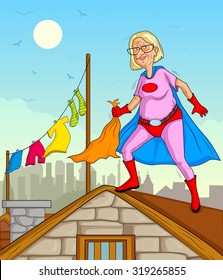 Retro style comics Superhero old woman showing power and strength
