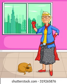 Retro style comics Superhero old woman showing power and strength