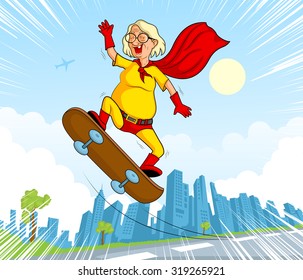 Retro Style Comics Superhero Old Woman Showing Power And Strength